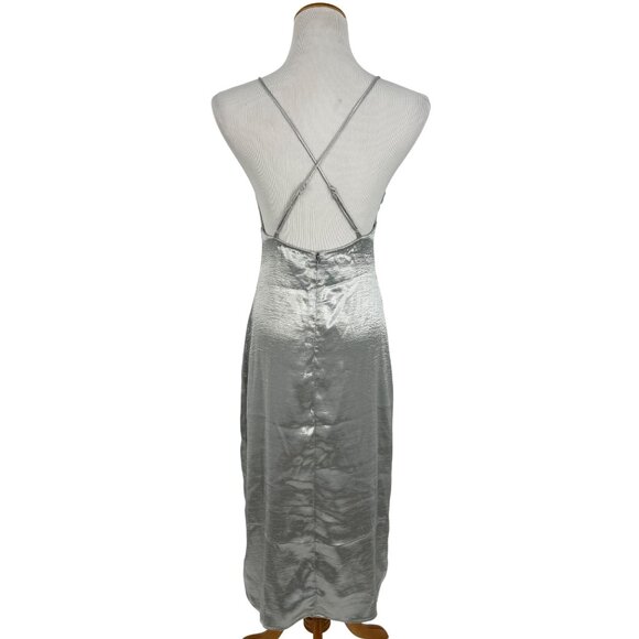 Urban Outfitters Silver Satin Crisscross Spaghetti Strap Lace Trim Slip Dress - Picture 10 of 16